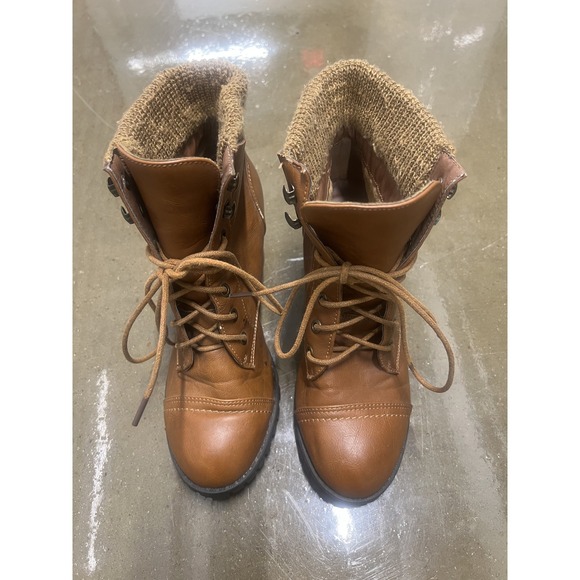 Bamboo Ankle Boots Size 8.5 Womens Tan Brown Lace Up Sweater Cuff Block Heel — photo 3